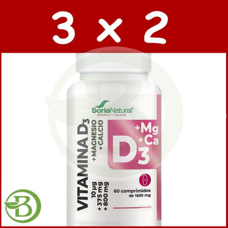 Pack 3x2 Vitamina D3+Mg Liberación Sostenida 60 Comprimidos Soria Natural