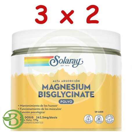 Pack 3x2 Magnesium Bisglycinate Polvo 179G (68 Dosis) Solaray