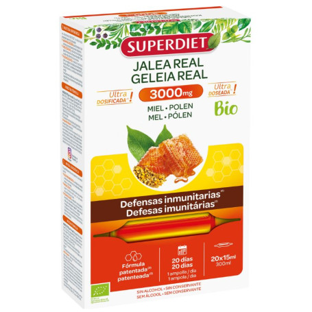 Gelée royale, miel et pollen bio 3000 mg, 20 ampoules Superdiet
