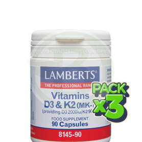 Pack 3x Vitaminas D3 2000Ui y K2 90Mcg 90 Cápsulas Lamberts