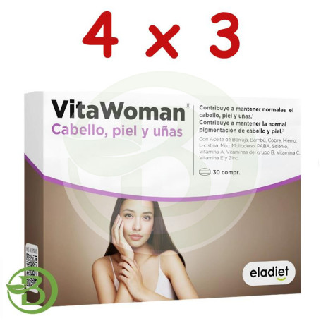 Pack 4x3 Vitawoman Cabello, Piel, Uñas 30 Comprimidos Eladiet