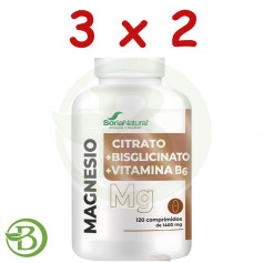 Lot de 3 x 2 comprimés de citrate de magnésium + bisglycinate + vitamine B6, 120 comprimés, Soria Natural
