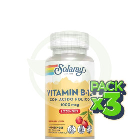 Pack 3x Vitamina B12 y Ácido Fólico 1.000Mcg. 90 Comprimidos Solaray