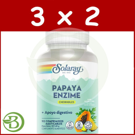 Pack 3x2 Papaya Enzyme 90 Comprimidos Masticables Sabor Piña Solaray