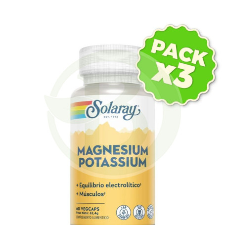 Pack 3x Magnesio y Potasio 60 Cápsulas Vegetales Solaray