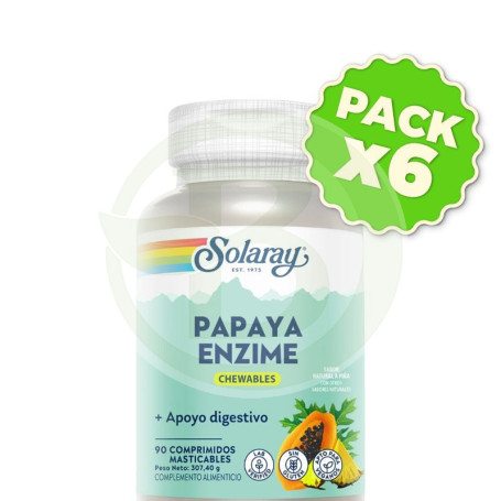Pack 6x Papaya Enzyme 90 Comprimidos Masticables Sabor Piña Solaray